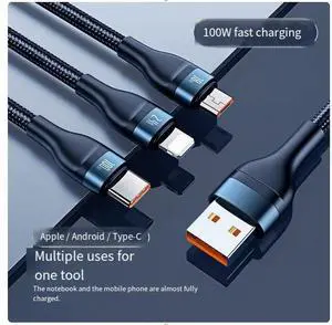 BASEUS  USB to M+L+C 100W one-to-three 100w nylon material Super Fast charging cable suitable for Apple, Huawei type-c, Android mobile phone, ipad, blue 1.2M