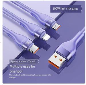 BASEUS USB to M+L+C 100W one-to-three 100w nylon material Super Fast charging cable, suitable for Apple, Huawei type-c, Android mobile phone, ipad, purple 1.2M