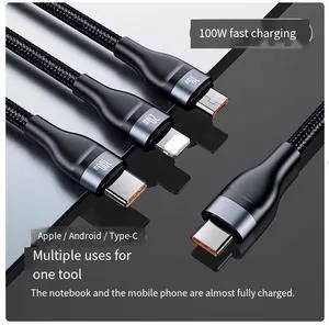 BASEUS  Type-C to M+L+C 100W one-to-three 100w nylon material Super Fast charging cable suitable for Apple, Huawei type-c, Android mobile phone, ipad, Black 1.5M