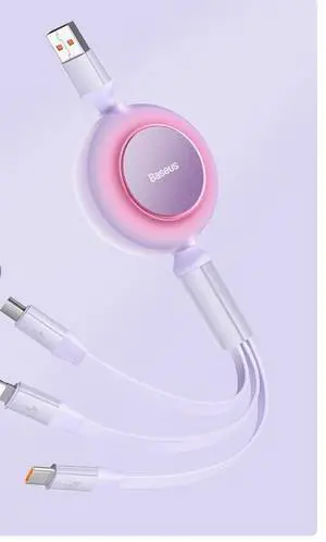 Baseus 66W 3-in-1 fast charging cable with retractable USB to lighting + Android micro+ Type-C suitable for iPhone Android various models of laptop tablets purple 1.1m