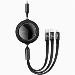 Baseus 100W 3-in-1 fast charging cable with retractable Type-C to lighting + Android micro+ Type-C suitable for iPhone  Android various models of laptop tablets black 1.1m