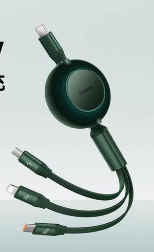 Baseus 100W 3-in-1 fast charging cable with retractable Type-C to lighting + Android micro+ Type-C suitable for iPhone  Android various models of laptop tablets green 1.1m