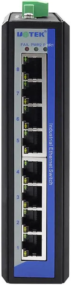 UTEK 100M 8 Ports DIN-rail 2L Unmanaged Industrial Ethernet Network Switch RJ45 Port Dual DC Power Input Supports Full/Half Duplex Mode UT-6408W
