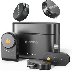 MAONO Wireless Lavalier Microphone Combo for iPhone/Android/Camera/PC, Mini Lapel Mic with 48khz 24bit, Voice Filter, Noise Cancellation, 30h Battery, USB-C/Lightning Plug for Video Recording Wave T5
