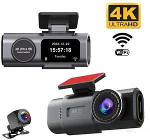 4K UHD Car Dash Cam  Front & Rear Dual Recording, WiFi Smartphone Connection, Discreet Design, Night Vision, G-Sensor, Loop Recording