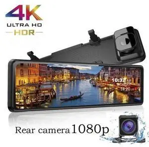 12" 4K Mirror Dash Cam - Full Touch Screen, Dual Recording, WiFi/GPS, Anti-Glare, Reverse Camera,Support mobile phone connectivity