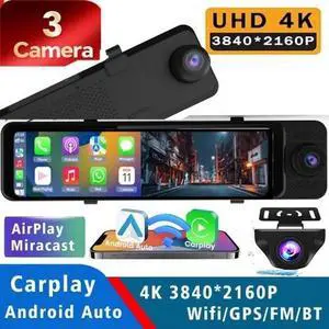 11" 4K CarPlay Mirror Dash Cam - Triple 170° Lens, Wireless BT, Smart Touch, Reverse Aid,