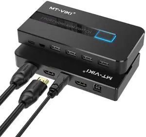 MT-VIKI KVM Switch HDMI 2 Port Boxes, 4K@30Hz USB HDMI KVM Console for 2 PCs Share 1 HD Monitor and Keyboard Mouse with 2 USB Cables + Desktop Selector