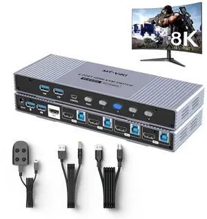 MT-VIKI 4K@120Hz/144Hz USB 3.0 HDMI KVM Switch 4 Port 8K@60Hz, Aluminum KVM Switch HDMI 2.1, HDR for Games (4 USB 3.0 Cable Included)