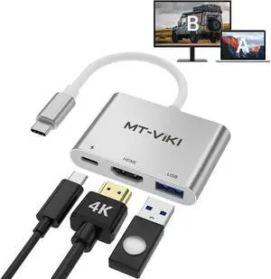 MT-VIKI 4K USB C HDMI Adapter 3 in 1 HDMI + USB 3.0 + PD 100W Hub for MacBook Pro, iPad Pro, iPhone 15, Laptops