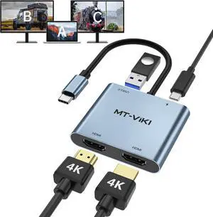 MT-VIKI 4K60HZ USB C Splitter Type-C on Dual HDMI Adapter 4 in 1 Supports W/PD 100W Charging Compatible for Windows MacBook etc. with USB 2.0