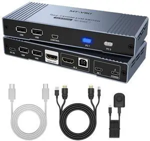 MT-VIKI 4K Hybrid Type USB C HDMI KVM Switch 2 Port, 4K@60Hz for Apple MacBook & Desktop PC + 65W PD+ Cables