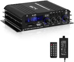 Audio Power Amplifier for Home Speakers -S-299 Bluetooth 5.0 Power Amp 4.1 Channel RMS 40Wx4 Subwoofer AMP DC 12V/5A Mini Integrated Digital Amplifier with USB/SD & AUX Jack