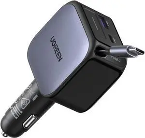UGREEN 60W 2C1A Car Charger with Retractable Cable, 3-Port Fast Charger with 30W PD USB-C, USB-A, Cigarette Lighter Adapter for iPhone 16/15, Galaxy S25/S24, iPad, GPS, 12V Car Accessories