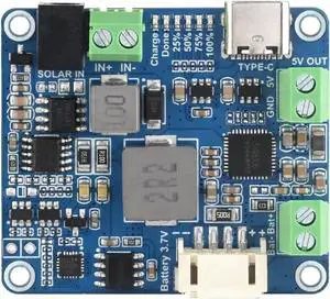 Waveshare Solar Power Manager Module (D), Solar Charge Controller USB, Supports 6V~24V Solar Panel and Type-C Power Adapter, 5V/3A Regulated Output, with Battery Holder (Batteries are Not Included)