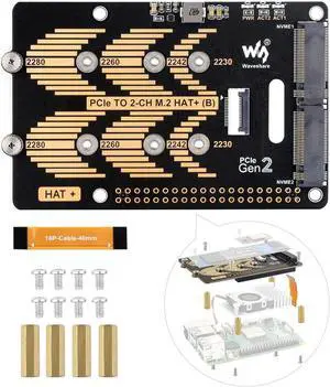Waveshare PCIe to 2-CH M.2 HAT, Compatible with Raspberry Pi 5, Support M.2 NVMe Solid State Drive 2230 2242 2280, High-Speed Reading/Writing