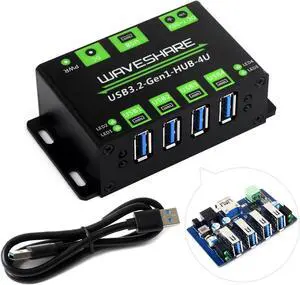 Waveshare 4-Ch USB 3.2 Gen1 HUB, Compatible with Windows, macOS, Linux and Android, Metal Case with Wall-Mount Support, Driver-Free, Plug-and-Play