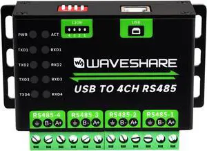 Waveshare Industrial USB to 4Ch RS485 Converter, Multi Protection Circuits, Multi Systems Support, Aluminium Alloy Case, Wall-Mount & Rail-Mount Support