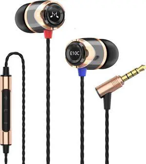 SoundMAGIC E10C Wired Earbuds with Microphone HiFi Stereo Earphones Noise Isolating in Ear Headphones Powerful Bass Tangle Free Cord Black Gold