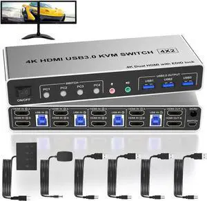 4 Port HDMI Dual Monitor USB 3.0 KVM Switch 4K 60Hz, KVM Switch 2 Monitors for 4PCs Supports EDID, HDMI KVM Switch 4 Computers with Audio Microphone Output and 3 USB 3.0 Ports, 4 in 2 Out KVM 4 Port HDMI Dual Monitor USB 3.0 KVM Switch 4K 60Hz, KVM Switch 2 Monitors for 4PCs Supports EDID, HDMI KVM Switch 4 Computers with Audio Microphone Output and 3 USB 3.0 Ports, 4 in 2 Out KVM