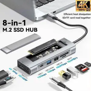 USB-C Hub with M.2 NVMe SSD Enclosure, 8-in-1 Docking Station Hybrid Type-C Multiport Adapter Fits 10 Gbps USB 3.1/USB-A 3.2, 100W PD, 4K HDMI, USB-A, SD/TF Card Readers for Windows, Mac OS