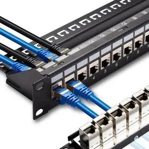 24 Port RJ45 Patch Panel Cat6 STP Feed Through, Coupler Network Patch Panel 19 Inch, Inline Keystone Ethernet Patch Panel with Back Bar