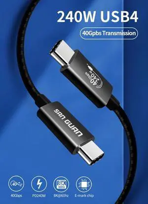 PD240W USB4 Coaxial Cable with Smart Emarker Chip 40Gbps Super Speed 5A Fast Charging Video Game Player Cable