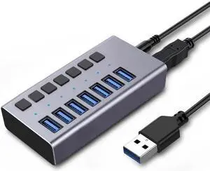 Powered USB 3.0 Hub, 7-Port USB Hub Splitter (7 Data Transfer Ports+ 7 Charging Ports) with Individual LED On/Off Switches, USB Hub 3.0 Powered with Power Adapter for Mac, PC Powered USB 3.0 Hub, 7-Port USB Hub Splitter (7 Data Transfer Ports+ 7 Charging Ports) with Individual LED On/Off Switches, USB Hub 3.0 Powered with Power Adapter for Mac, PC