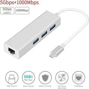 USB C to Ethernet Adapter, Type C to 3 USB 3.0 Ports, RJ45 Gigabit Network Hub, 10/100/1000 Mbps, Compatible with MacBook Pro 2019/2018/2017 and Other Type C Laptops and More - Silver USB C to Ethernet Adapter, Type C to 3 USB 3.0 Ports, RJ45 Gigabit Network Hub, 10/100/1000 Mbps, Compatible with MacBook Pro 2019/2018/2017 and Other Type C Laptops and More - Silver