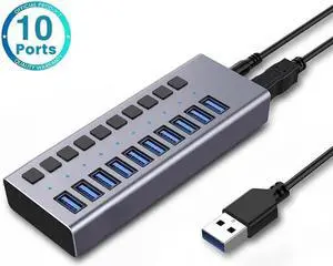 Powered USB 3.0 Hub, 10-Port USB Hub Splitter (10 Data Transfer Ports+ 10 Charging Ports) with Individual LED On/Off Switches, USB Hub 3.0 Powered with Power Adapter for Mac, PC Powered USB 3.0 Hub, 10-Port USB Hub Splitter (10 Data Transfer Ports+ 10 Charging Ports) with Individual LED On/Off Switches, USB Hub 3.0 Powered with Power Adapter for Mac, PC