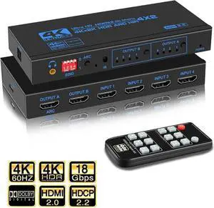 4K@60Hz 4x2 HDMI Matrix Switch, HDMI 2.0b Matrix Switch 4 in 2 Out, 4K HDMI Switcher Splitter + Optical and 3.5mm Audio Output, Scaler EDID with Remote, HDCP2.2, HDR 10(OZJ2-1) 4K@60Hz 4x2 HDMI Matrix Switch, HDMI 2.0b Matrix Switch 4 in 2 Out, 4K HDMI Switcher Splitter + Optical and 3.5mm Audio Output, Scaler EDID with Remote, HDCP2.2, HDR 10(OZJ2-1)