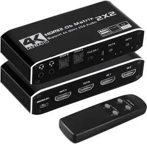 4K@60Hz 2x2 HDMI Matrix Switch, HDMI 2.0b Matrix Switch 2 in 2 Out, 4K HDMI Switcher Splitter + Optical and L/R Audio Output, Scaler EDID with Remote, HDCP2.2, HDR 10 4K@60Hz 2x2 HDMI Matrix Switch, HDMI 2.0b Matrix Switch 2 in 2 Out, 4K HDMI Switcher Splitter + Optical and L/R Audio Output, Scaler EDID with Remote, HDCP2.2, HDR 10