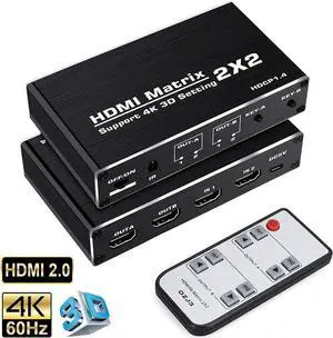 HDMI Matrix Switch 2x2, 4K@60Hz HDMI Matrix Switcher Splitter 2 in 2 Out Box with HDCP1.4, HDR and IR Remote Control Support HDR, HDMI 2.0b, HDCP 1.4 , 3D,1080P,YUV 4:2:0,(OZJ3) HDMI Matrix Switch 2x2, 4K@60Hz HDMI Matrix Switcher Splitter 2 in 2 Out Box with HDCP1.4, HDR and IR Remote Control Support HDR, HDMI 2.0b, HDCP 1.4 , 3D,1080P,YUV 4:2:0,(OZJ3)