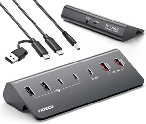 FIDECO 7-Port 72W Powered USB Hub, USB C Hub with 1 PD 45W, 2 QC 3.0 Charging Ports, and 4 USB 3.2 Ports (2 USB-A + 2 USB-C), Aluminum 10Gbps USB Hub for Laptop, PC, MacBook, iPhone 17/16/15 Grey