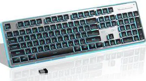 SEUNKWANG EWEADN X7S Wireless Keyboard with Blue Backlit, Metal Panel, Bluetooth/2.4G Rechargeable Computer Keyboard Silent Light up Full Size Cute Keyboards for Win & MAC-Black