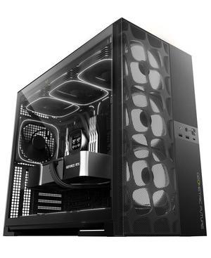 Geometric Future M5 Vent Mesh Panel Tempered Glass Mid Tower, E-ATX/ATX Gaming Case, High Airflow, 1.2mm Steel, Type C, Support 420/360 Radiator, ARGB PWM 140m fan x 5 Pre-Installed, Black, GEO-M5VF-B