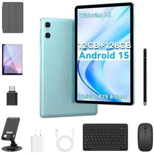Android 15 Tablets, 10 Inch Tablet, P10 Tablet 12GB RAM+128GB ROM, Unisoc A75 8 Core CPU, Widevine L1, 1280x800 IPS HD 6000mAh, BT 5.0, WiFi (Android 15 tabelt with Accessories, Blue, 10.1 inch)