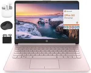 HP New 14" HD Ultral Light Thin Laptop, Quad-Core Intel Celeron Processor, 4GB RAM, 128GB (64GB eMMC+ 64GB Card), Wi-Fi, Upto 11 Hours, Windows 11 S + 1 Year Office 365+HubxcelAccessory, Pink