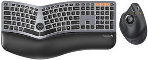 ProtoArc Backlit Wireless Ergonomic Keyboard Grey Vertical Wireless Trackball Mouse, EM05 NL Bluetooth Ergonomic Rollerball Mouse Rechargeable Computer Laptop Thumb Mouse