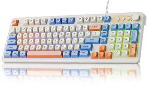 SEUNKWANG EWEADN G98 Gaming Keyboard, Wired Creamy Membrane Keyboards with Rainbow RGB Backlit, Media Knob, 98 Keys Quite Membrane Computer Keyboard for MAC Xbox PC Gamer -White&Blue