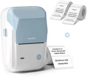 NIIMBOT B1 Label Maker Machine (Blue White) with Tape with 2 Rolls 40x70mm White Labels, Compatible with Phones & PC