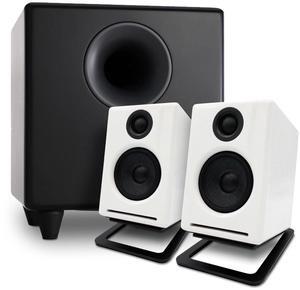 Audioengine A2 White Computer Speakers with S8 Black Subwoofer and DS1M Metal Stands