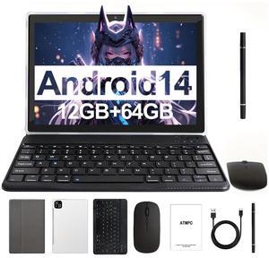 ATMPC Tablet, 10.1" Android 14 Tablets Octa-Core Processor 12GB RAM 64GB ROM HD IPS Touchscreen, 2 in 1 Tablet with Keyboard, Mouse, Stylus, 8H Battery, WiFi 6, BT 5.4, Dual Camera