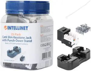 Intellinet Cat6 Keystone Jack with Punch-Down Stand -25 Pack - UL Listed - RJ45 Female Modular UTP Ethernet Jack Insert -25 Dust Covers and Cable Ties Included-Lifetime Mfg Warranty- Black 772129