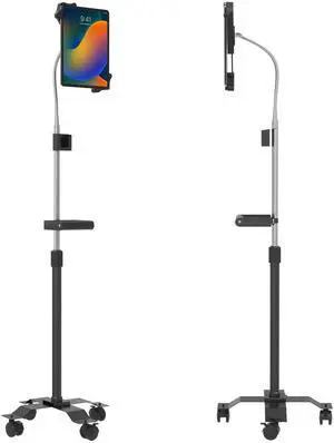 Mobile Floor Stand - CTA Compact, Adjustable Gooseneck Floor Stand with Handle & Swivel Casters for iPad Gen 7-10, iPad Air 4, 12.9", Surface Pro, Zebra Tablets, & Other 7-13" Tablets (PAD-CGSH)
