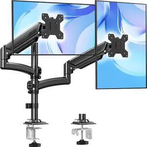 Dual Monitor Stand Height up to 26.6 inch, Monitor Desk Mount Holds up to 32 inch & 22 lbs Each, Gas Spring Dual Monitors Arm with C-clamp & Grommet Mounting, Freelift Black