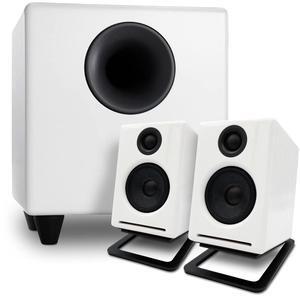 Audioengine A2 White Computer Speakers with S8 White Subwoofer and DS1M Metal Stands