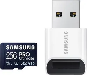 SAMSUNG PRO Ultimate microSD Memory Card+Reader, 256GB microSDXC, Up to 200 MB/s, 4K UHD, UHS-I, Class 10, U3,V30, A2 for GoPRO Action Cam, DJI Drone, Gaming, Phones, Tablets, MB-MY256SB/AM