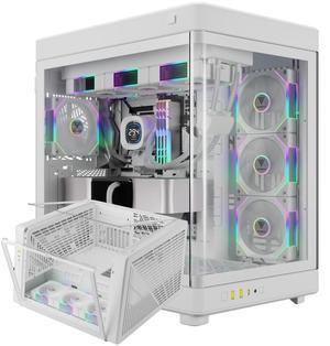 Gamdias RGB White Tempered Glass Gaming Case, 2-Way Standing for Vertical & Horizontal Orientation & One-Touch Open Computer Case with 3 Built-in ARGB Fans, Support 420mm AIO & Huge Cable Management