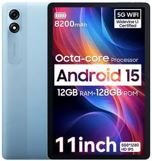 Blackview 2025 Android 15 Tablet 11 inch, Tab 90WiFi with 12GB+128GB Storage(Expand to 2TB), Unisoc T606 CPU, 8200mAh, IPS Display, Widevine L1, 5G WiFi Tablets, 13MP+8MP Camaras/Face ID, Blue